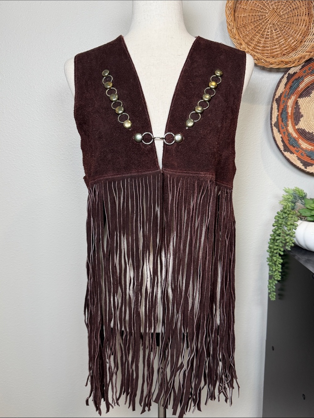 The Coolest Boho Hippie Brown Suede Leather Fringe Vest Western Metal Accents